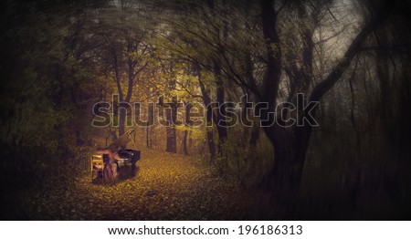 Ghostly girl playing the piano in a foggy forest