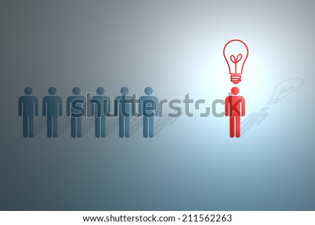 Red man with light bulb having ideas and being different. Also a concept for team work