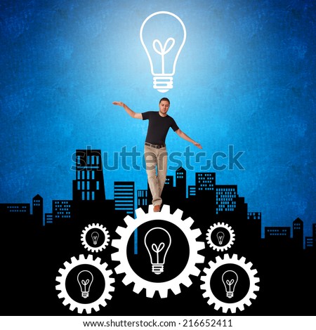 Casual businessman walking on a gear. City silhouette is behind him. The light bulb helps the concept of risking it for great ideas and for business success