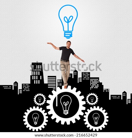 Casual businessman walking on a gear. City silhouette is behind him. The light bulb helps the concept of risking it for great ideas and for business success