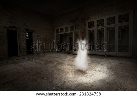 Ghost girl in white dress appears in an old room