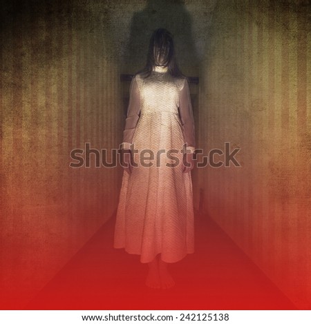 Horror movie scene with girl ghost in white dress