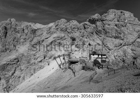 Riffugio Lorenzi in Cortina D\'Ampezzo, Dolomites Mountains. Black and white landscape