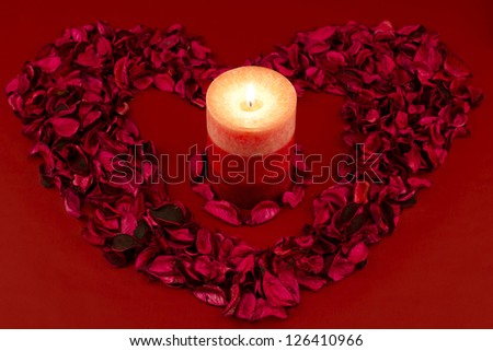 Red candle within a heart of rose petals on a red background.