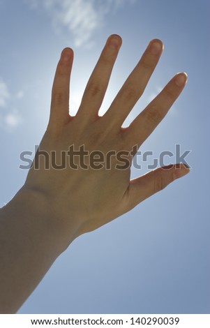 Photograph of the hand of a woman trying to cover the sun.