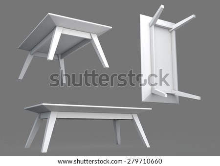 3D Rendering White Wooden Table Various Viewports  in Isolated Background with Work Paths, Clipping Paths Included.
