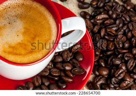 Coffee Top View with Coffee Beans, close up