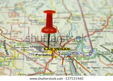 red push pin pointing at Las Vegas, USA