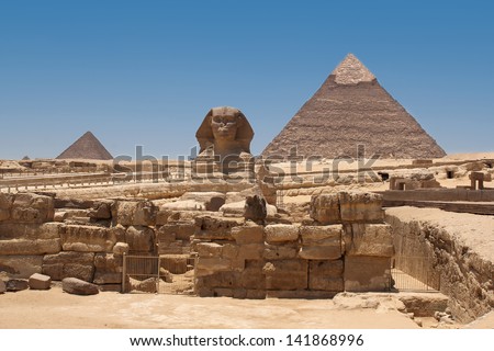 A view of the Pyramid of Khafre from the Sphinx- Giza, Egypt
