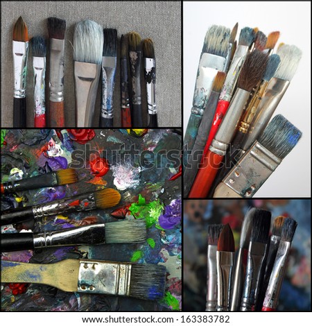 set of photos of dirty paint brushes