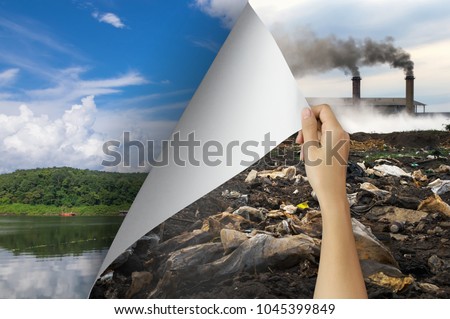 Change concept, Woman hand turning pollution page revealing nature landscape, changing reality, hope inspiration,environmental protection, change weather, environmental campaign.