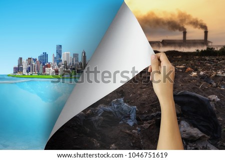 Change concept, Woman hand turning pollution page revealing to city friendly environment, changing reality, hope inspiration to environmental protection and campaign.