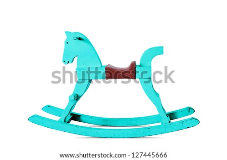 Child\'s wooden rocking horse, blue isolated on white background.