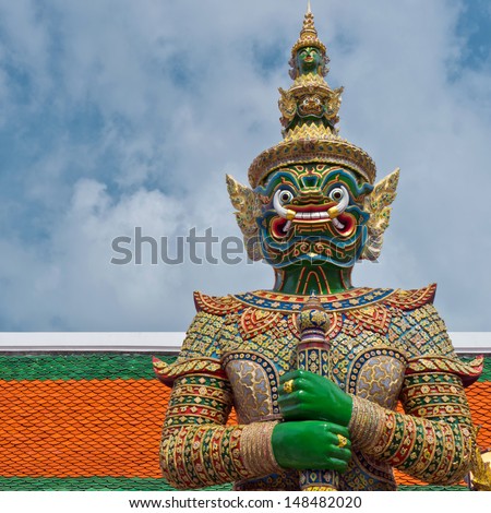 Demon gate guardian at Wat Pra Kaew in bangkok,Public art.Thailand,Public domain.