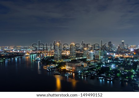 Landscape of Bangkok. Night view of Bangkok property. River at dusk.