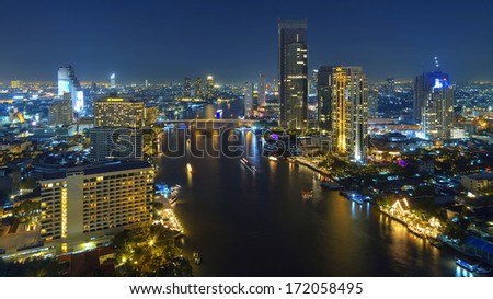 Landscape of Bangkok. Night view of Bangkok property. River at dusk., HDR images.