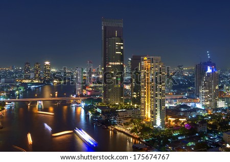 Landscape of Bangkok. Night view of Bangkok property. River at dusk, HDR images.