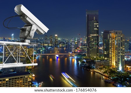 Security cameras monitor the movement of the top of the building, Aerial view of Bangkok.