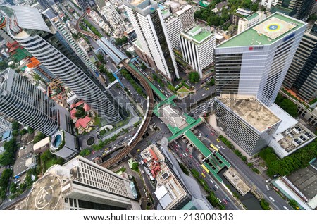 Birds eye view of a modern building. Traffic in the business district The Skytrain station Chong Nonsi