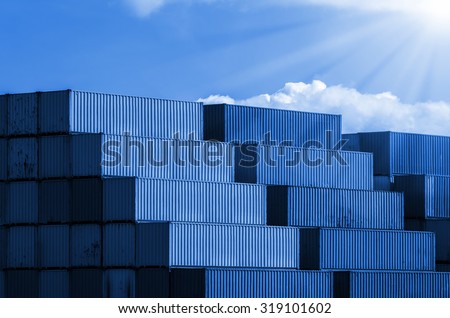 Port container shipping industry with many colorful,blue toned images.