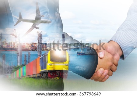 Double exposure of businessman handshake against a backdrop of the Rail freight, containers,Port and commercial aircraft, transport concepts.