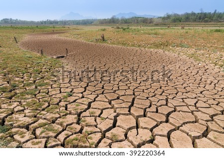 Global warming, Drought in the summer, the ground is dry reservoir of Mae Moh, Lampang, Thailand.