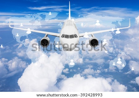 Aircraft flying high above the clouds with  world map connections, Elements of this image furnished by NASA.