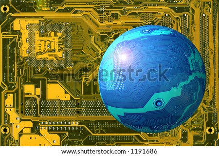 flying object (blue circuit board as a sphere) on yellow background (another circuit board)
