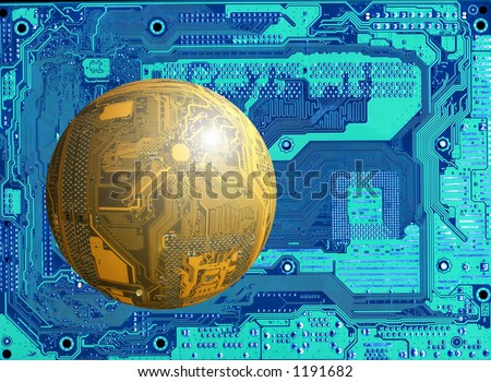 flying object (yellow circuit board as a sphere) on blue background (another circuit board)