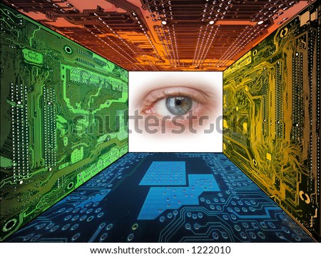 human eye framed by  computer circuit boards