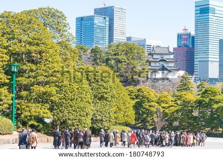 TOKYO, JAPAN - March 7,2014: People visit Fujimi-yagura (Mt Fuji-view Keep),Imperial Palace.The Imperial Palace is only accessible by guided tour only in Japanese.