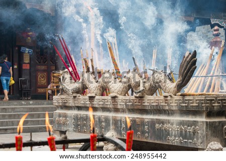 SICHUAN, CHINA - SEP 13 2014: Incense stick at Lingshan Temple. a famous Temple in Mianning, Xichang, Sichuan, China.