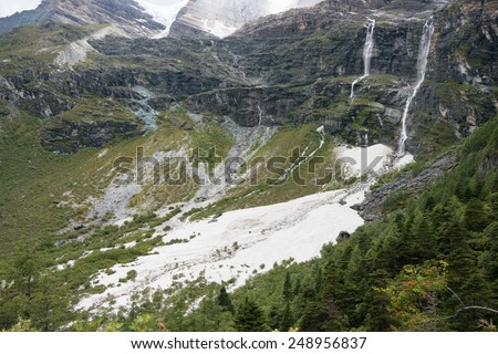 SICHUAN, CHINA - JUL 24 2014: Waterfall at Yading Nature Reserve. a famous landscape in Daocheng, Sichuan, China.