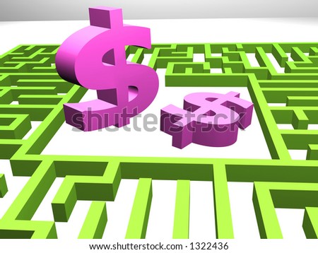 Labyrinth with money. Dollar currency in the center of the Labyrinth. Money and finding money concept