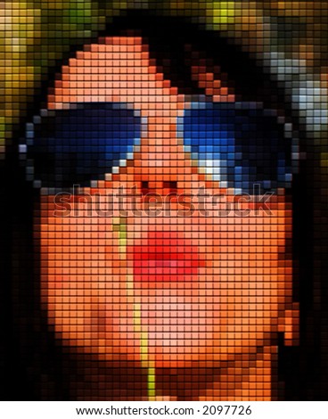Digital girl face with glasses. Digital face from color mosaic squares