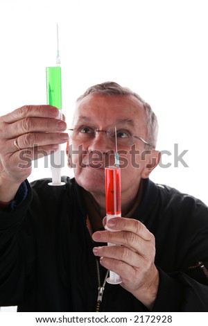 Scientist hold injections. Crazy Scientist with alien and human blood in injections