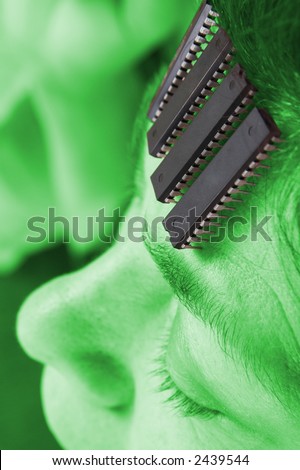 Computer chip brain in human. Artificial intelligence in micro chips. Alien Technology concept