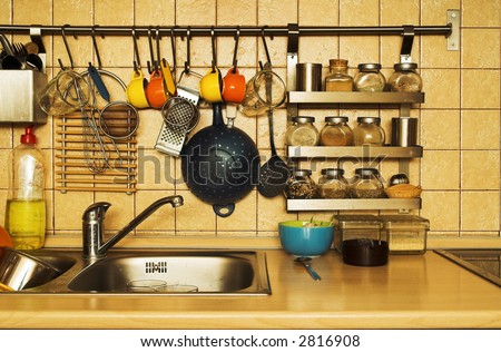 Kitchen objects. Busy everyday kitchen