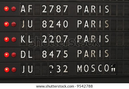Airport departures and arrivals. Flight info board on airport. Paris concept