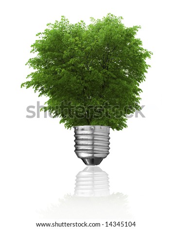 stock photo Light bulb and green tree growing isolated on white