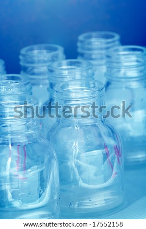 Laboratory equipment. Small empty lab bottles
