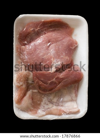 Meat packed in supermarket package covered with plastic isolated close-up. Food  concept