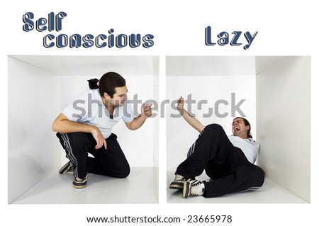 Self conscious side of a person and lazy one. Self conscious and lazy concept
