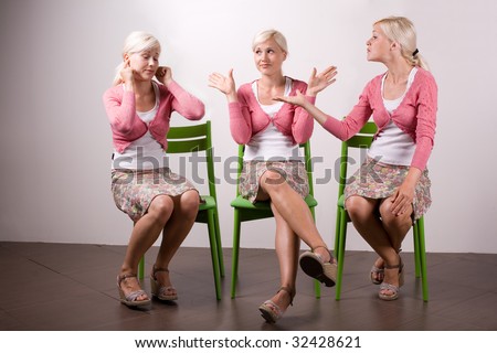 Same woman fighting with herself. One is arguing, the other is not listening and third is neutral, ego,  quarrel