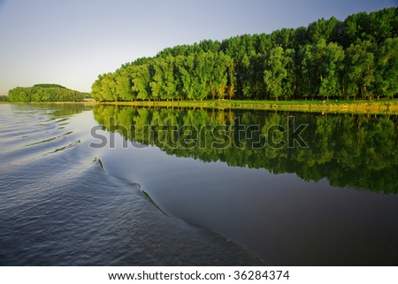 Beautiful nature from the boat in motion. Vibrant river and forest