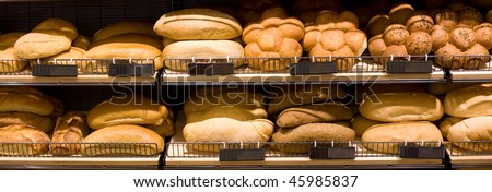 Various bread type on shelf. Bakery shop concept
