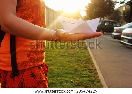 Be free or Sunset background, Paper boat