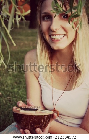 Hippie vintage girl or Smiling face, smile woman