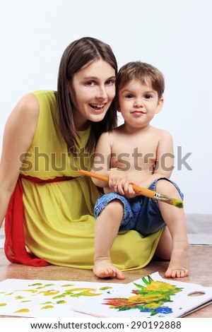 Mother and son or Creative child, Creative studio, Creative background, Painting brush