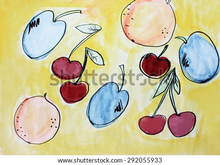 Summer background or Berries background, Painted plums and cherries, Plums and cherries background, Cherries background, Creative background, Postcard design